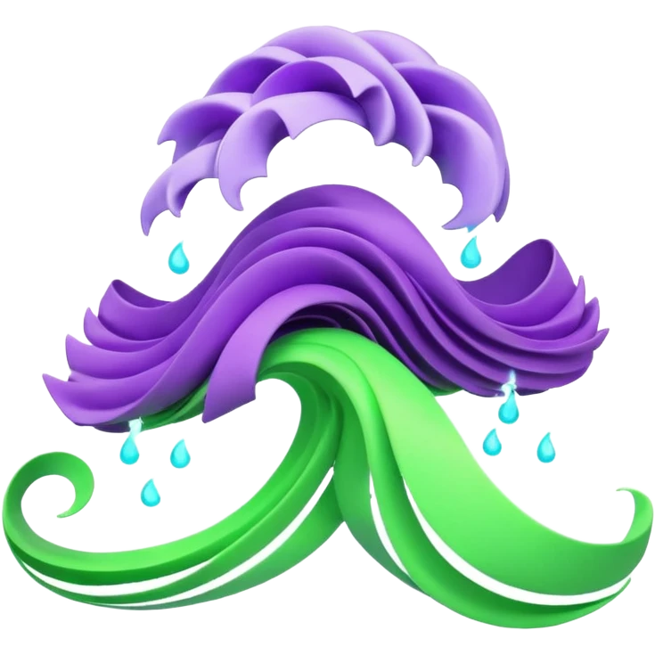 3D render of Tsunami, miniature weather phenomenon, volumetric particle effects, wavy glowing neon green and purple ribbons in the sky, elemental energy, emoji style, isolated on white background --v 6.0. emoji