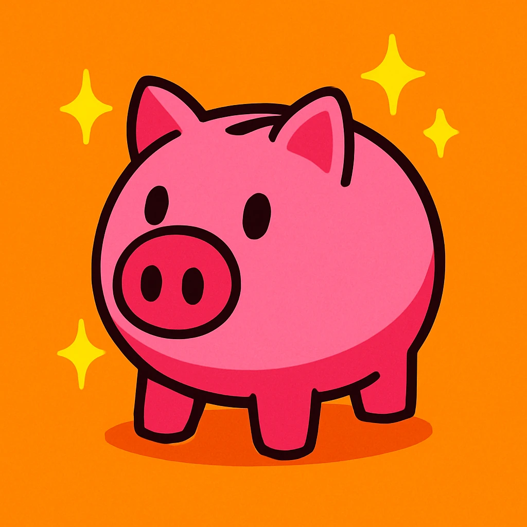cute pink piggy bank with a round snout and a classic coin slot, bright highly saturated cartoon style, with sparkles around it emoji