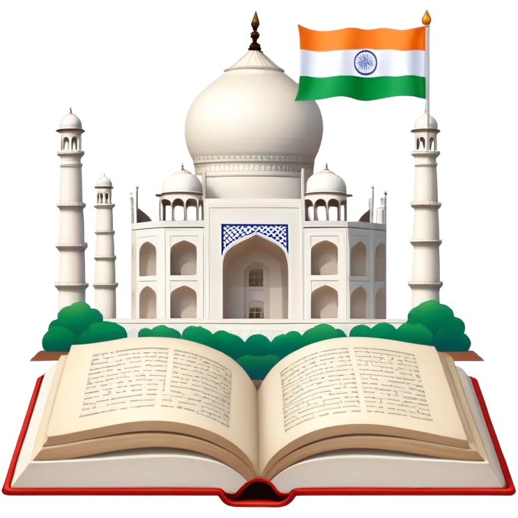 An icon featuring the Taj Mahal and the flag of India, symbolizing the Hindi language. The design includes an open book with hindi text, representing language learning and cultural richness. Transparent background highlights the heritage of India. emoji