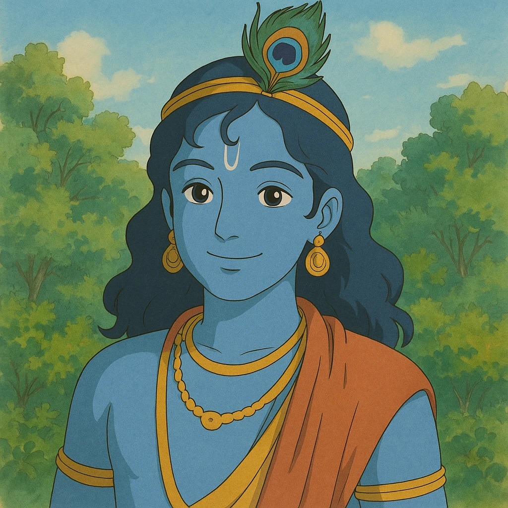 Krishna, the Hindu deity, with blue skin, peacock feather crown, gentle smile, in Ghibli style, detailed and vibrant emoji