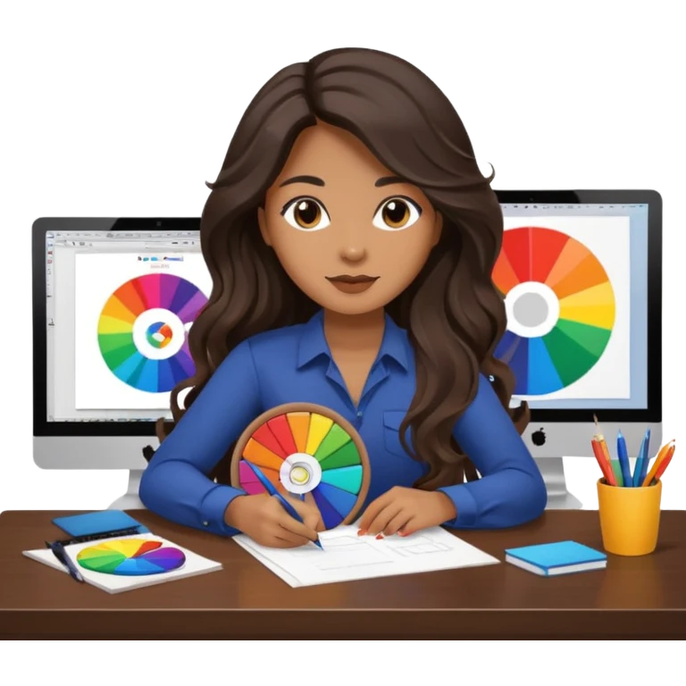 female dark wavy long hair graphic designer , holding color wheel , pens, papers, desktop emoji