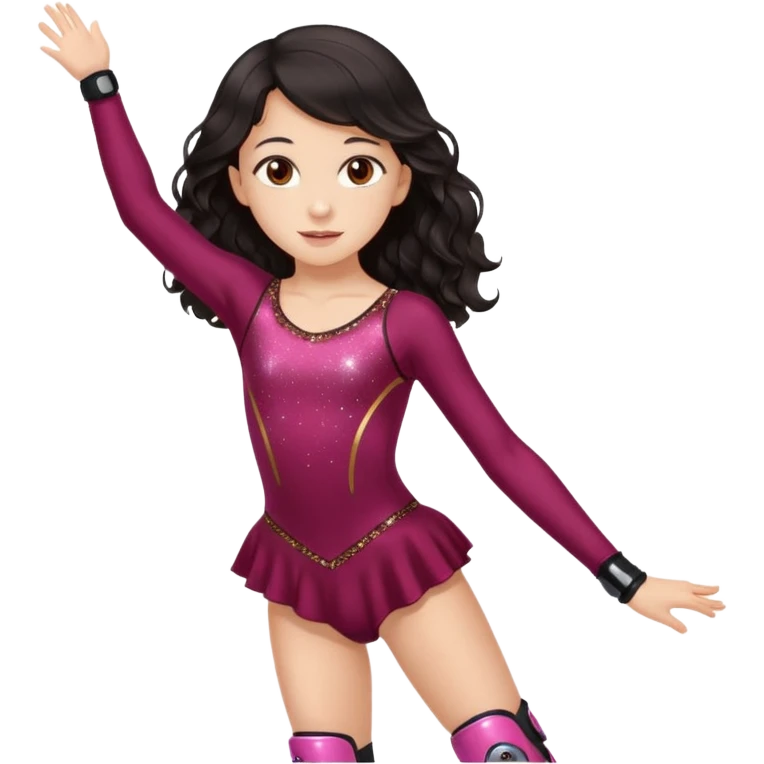 Una patinadora de 12 años y es morena de pelo y lleva un mallott granate con brillos y esta patinando con patines de ruedas en linea y su piel es clara y el pelo es largo negro ondulado emoji