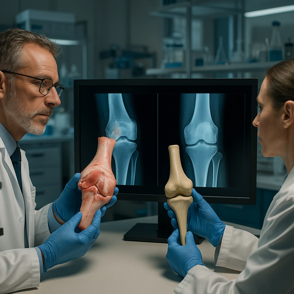 symbolic scene with doctors in a laboratory comparing a pig joint with a human one on a monitor, advanced research atmosphere, realistic details, 4K quality emoji