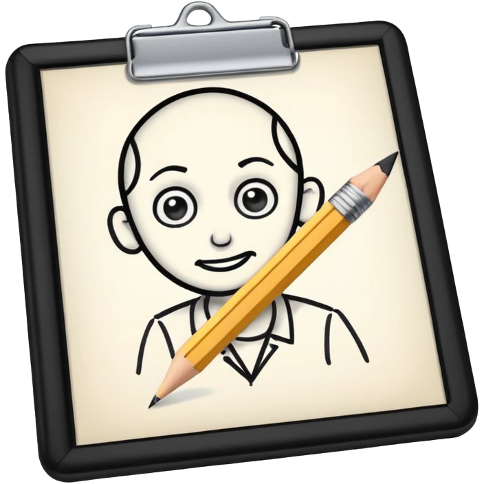 Create an icon representing the process of creating a black-and-white caricature. Include a pencil, a sketchpad with a humorous, exaggerated figure, and inking tools. Use bold lines and shading, with a transparent background. emoji