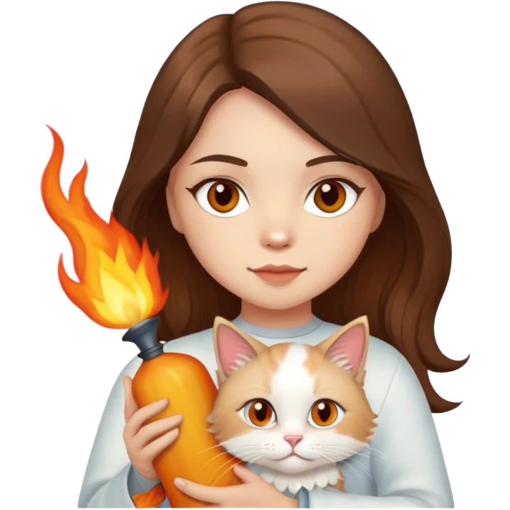 Brunette girl with light brown eyes holding a flame point ragdoll cat  emoji