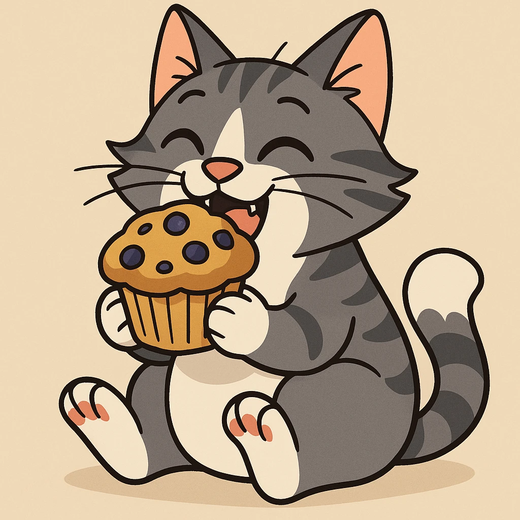 a grey and white cat happily munching on a blueberry muffin, cartoon style, colorful illustration emoji