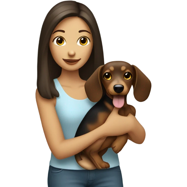 a brunette girl holding a blonde sausage dog emoji