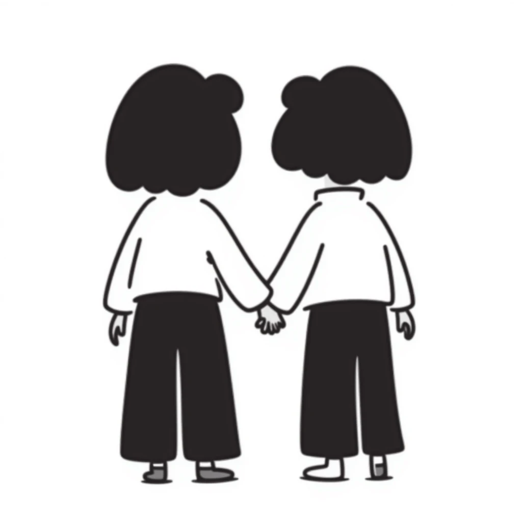 Silhouette of two identical twins seen from behind, standing side by side in pastel colors (dd9fb0, ffc6d3, a3bfc9, c4bee2, f1b091), hand-drawn doodle style emoji