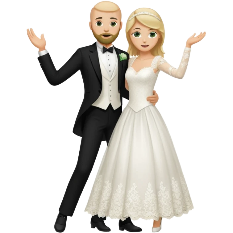 blonde haired green eyed bride and bald beared groom dancing emoji