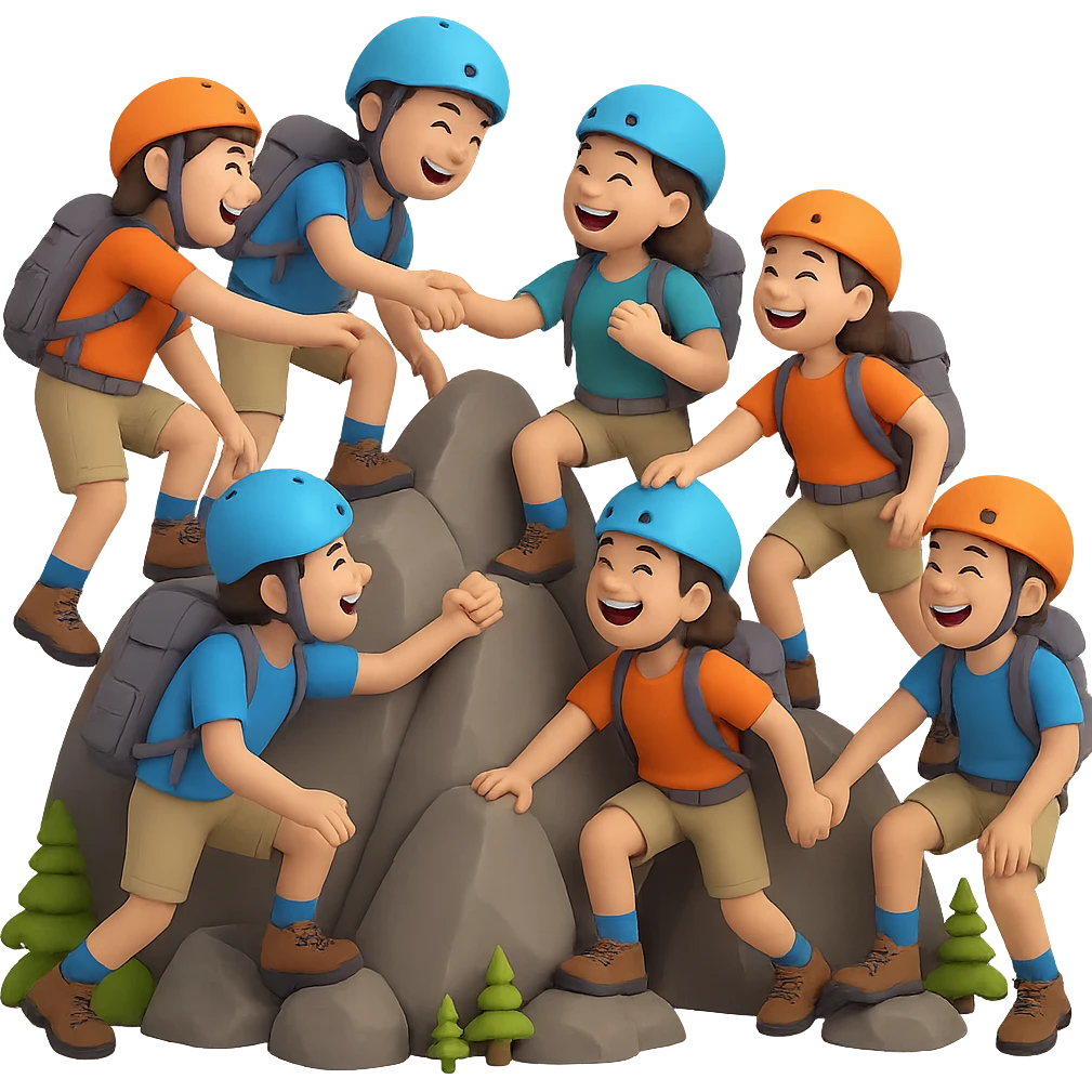 Show a group climb scene with several hikers climbing rocks together, all with cheerful expressions and laughing. The style should be 3D emoji style, and the background should be removed for clarity. emoji