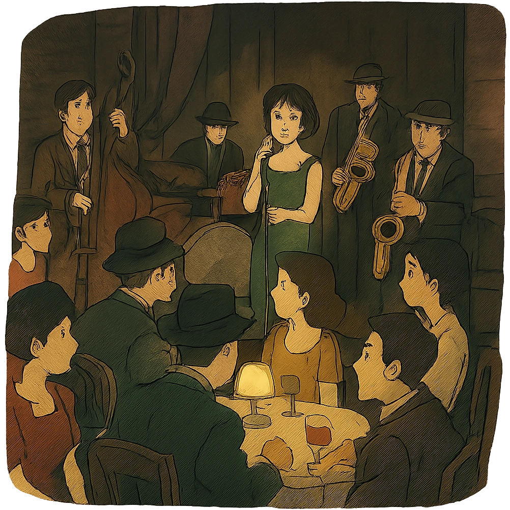 1940s jazz nightclub scene, ghibli style, moody lighting, no text emoji