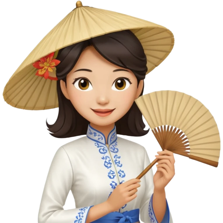 a vietnamese woman wearing a white ao dai holding a folding fan elegantly, wearing a nón lá emoji