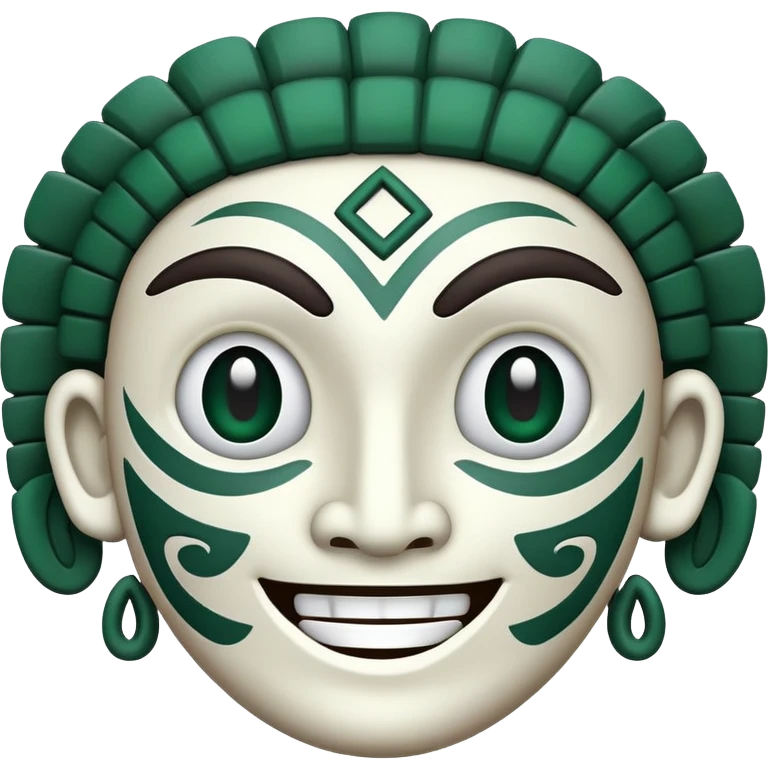 Elegant Mayan face smiling emoji with expressive features, minimalist design, only pure white and dark green colors emoji
