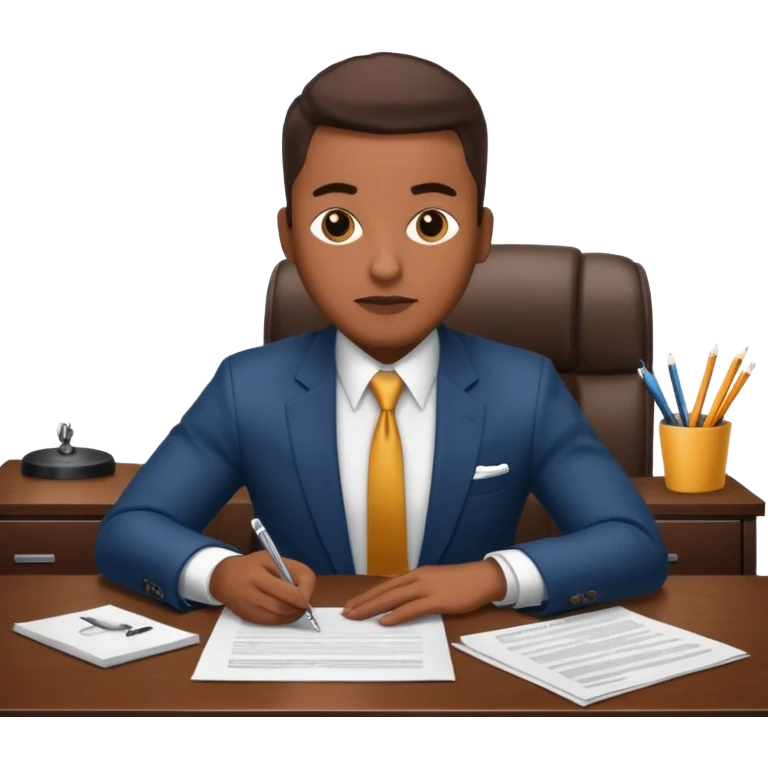 Hip hop music record company executive in office sitting at desk with contract on top of desk emoji