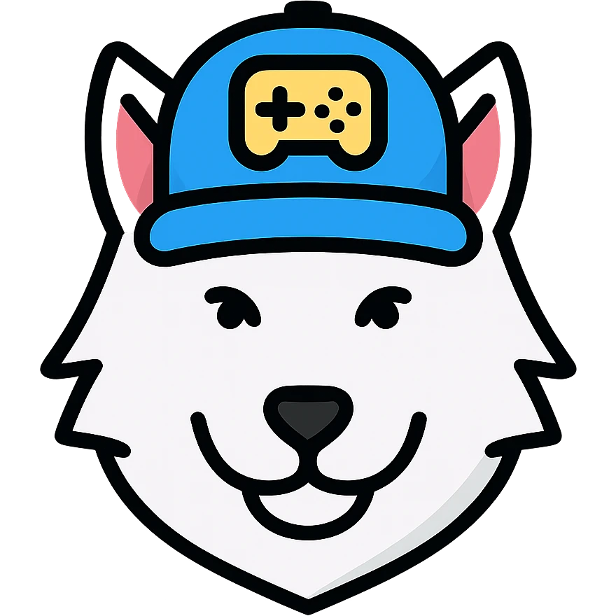 icon of a white wolf wearing a gamer hat, clean lines, simple color palette, minimal background emoji
