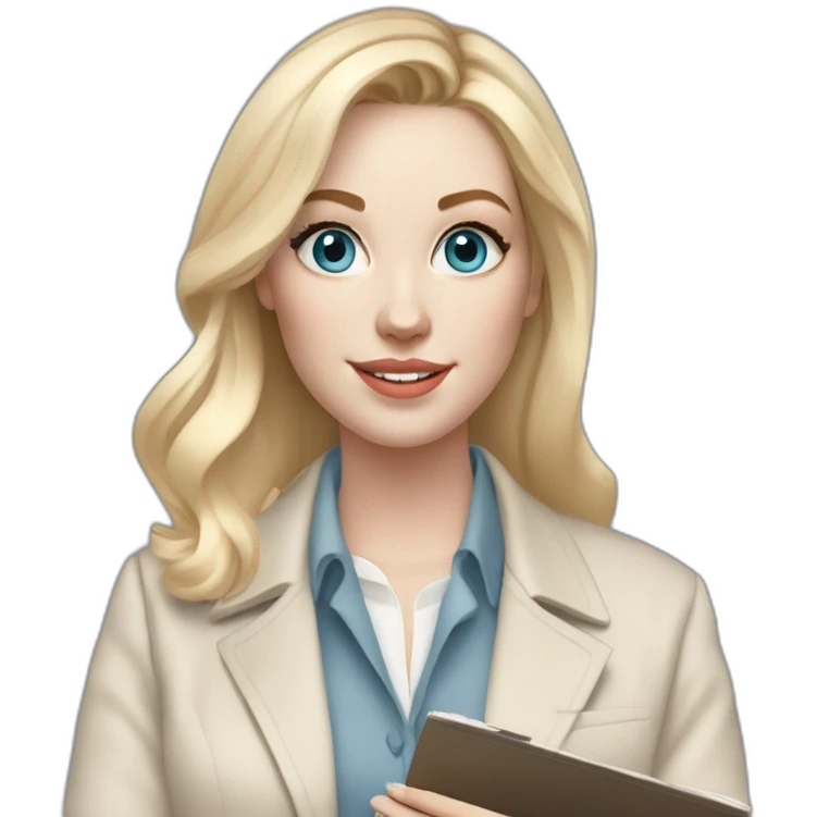 pale skin woman interior designer with cold blonde middle length hair, blue eyes, beige blouse, White oversize jacket, Gray skirt holding a color palette in the hands emoji