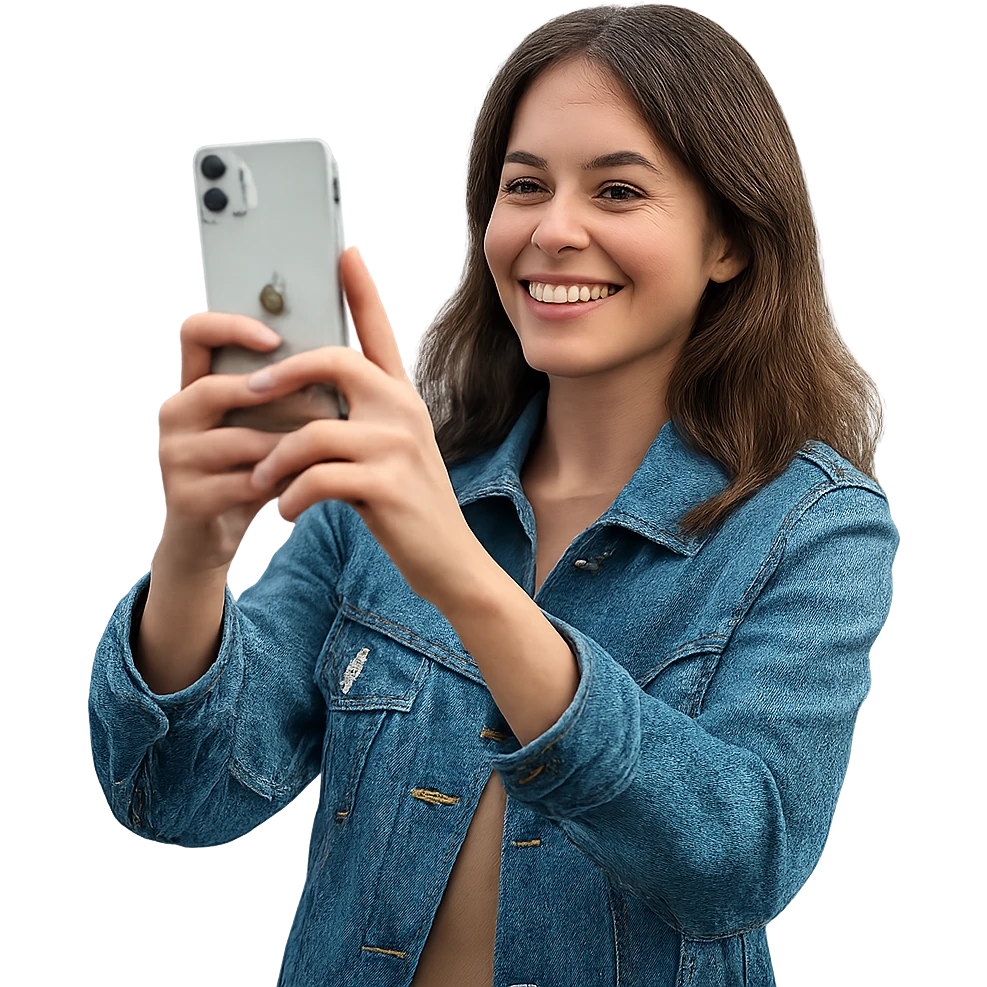 a woman using an iPhone to take a photo, outdoor setting, casual attire, happy expression emoji