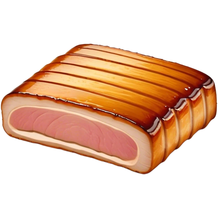 Cinematic tender pork belly, slow-roasted to perfection, crispy caramelized edges, glistening with juices, sliced into thick, rich layers, warm golden tones, luxurious and indulgent. emoji