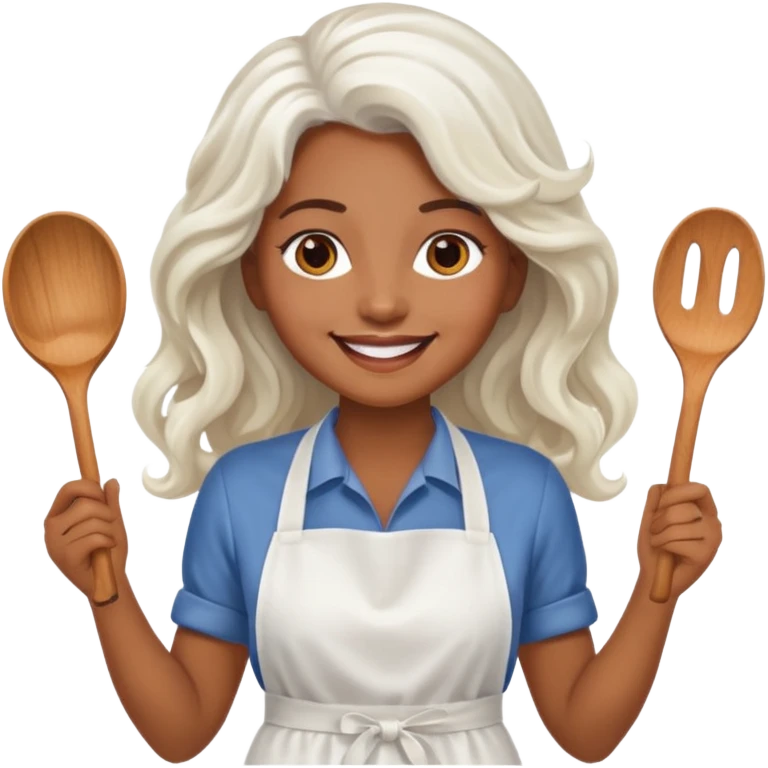 woman, brown skin, white long wavy hair, with apron emoji