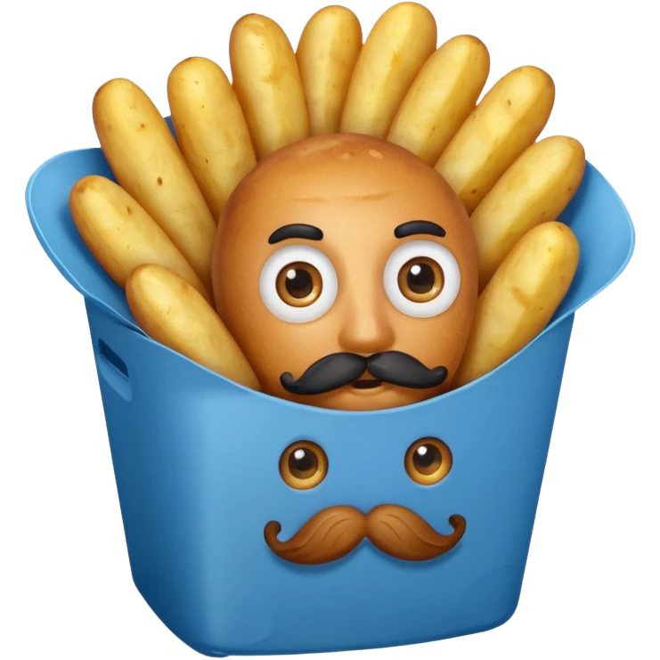 fried potatoes in a blue carton, carton has eyes and mustache emoji