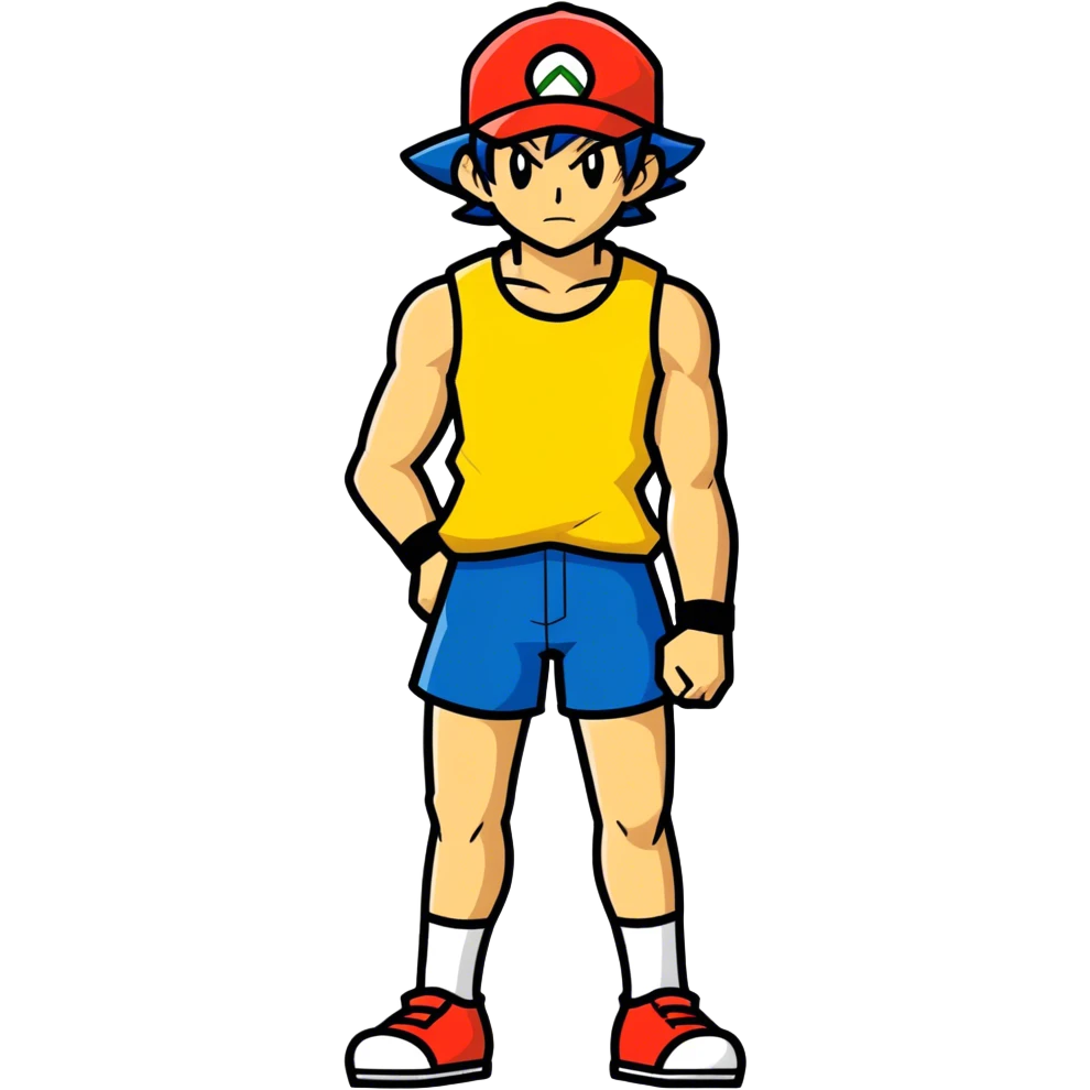Tall muscular ash ketchum wearing no shirt emoji