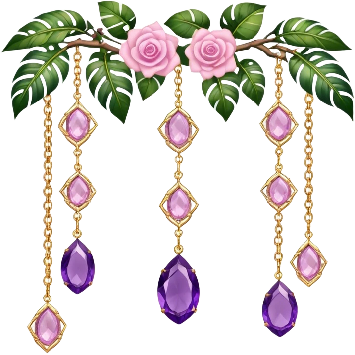 Hanging suncatcher, gold chains with shiny sparkly amethyst and rose-quartz gemstones, roses, beautiful tropical leaves, gorgeous aesthetics emoji