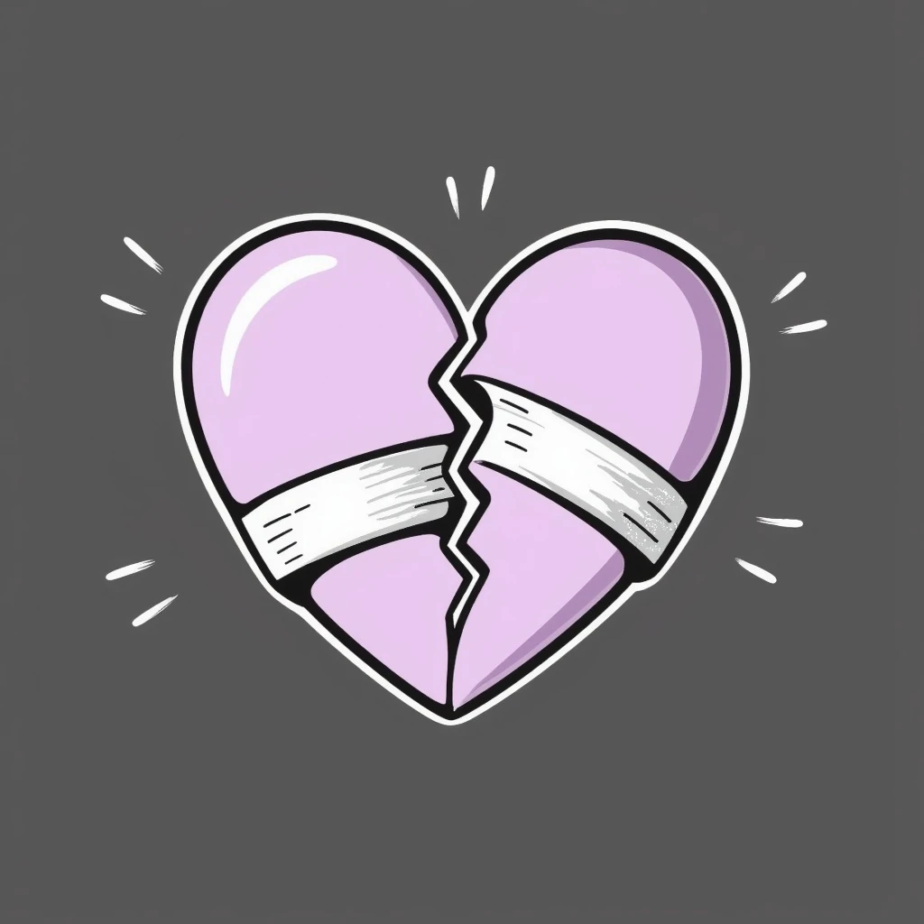 broken heart emoji with jagged split and bandage over the crack, chalk style, soft lilac color palette, rough doodle-like texture as if drawn with pastel chalk on a dark surface, surrounded by soft curved motion lines, aesthetic and emotional Telegram channel emoji