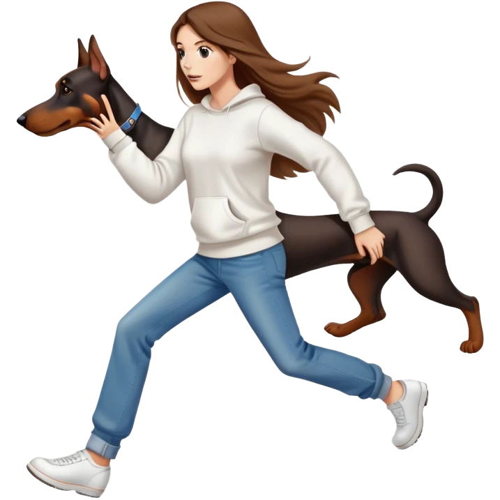 A beautiful girl with long hair wearing a white sweatshirt and jeans is chasing Doberman emoji
