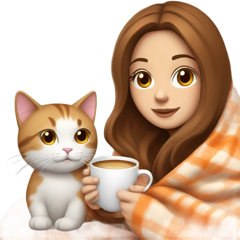 White girl brown hair sipping coffee with orange and white cat in blanket  emoji