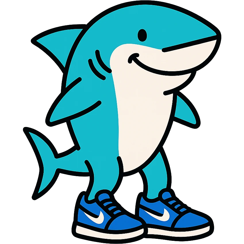 smiling shark standing upright on two legs wearing blue Nike sneakers outlined with vibrant colors emoji