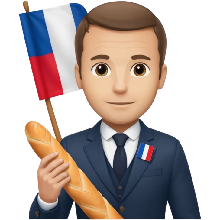 Macron avec une baguette et un drapeau français derrière lui emoji