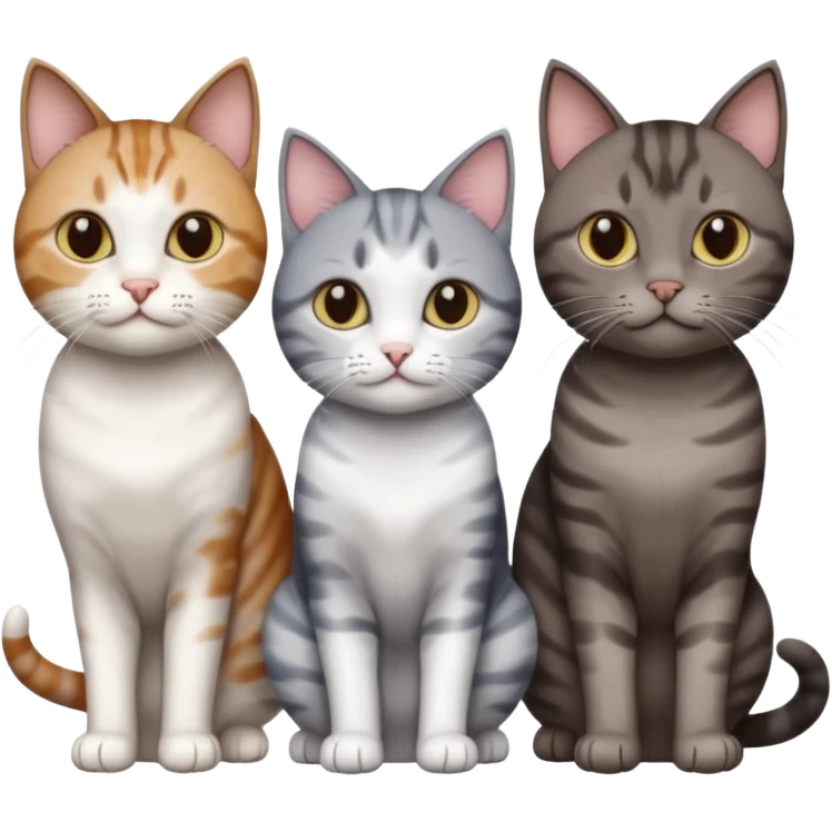 3 different coloured short haired cats including; a dark brown tabby and white cat, and a dark grey and white  emoji