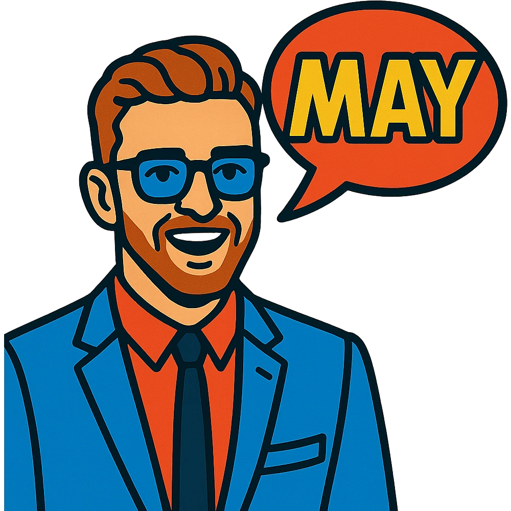 Justin Timberlake lookalike with 'MAY' in a comic bubble emoji