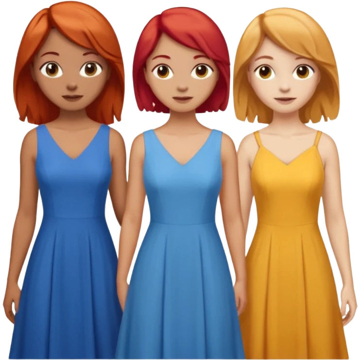 Can you create an image of 3 friends together one with red bright hair light skin one the other with brown hair with some blonde highlights in the hair fair skin the last one with light brown a tint of orange hair with flowy dresses emoji