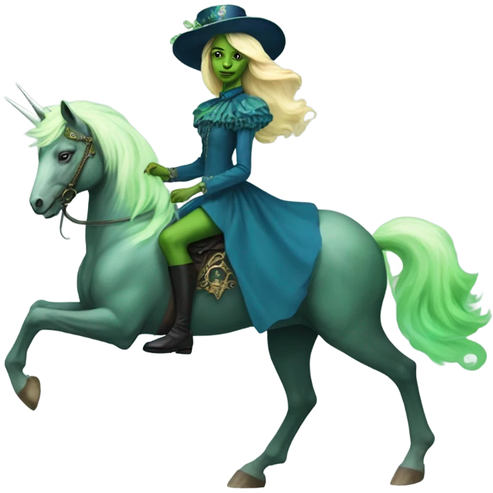 "galora green blonde alien woman" in blue Victorian dress elegant, full body, on unicorn emoji