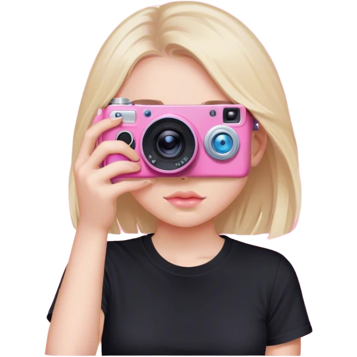 Blue eyed girl taking pics on a pink camera wearing black t shirt and the camera is covering her eye emoji