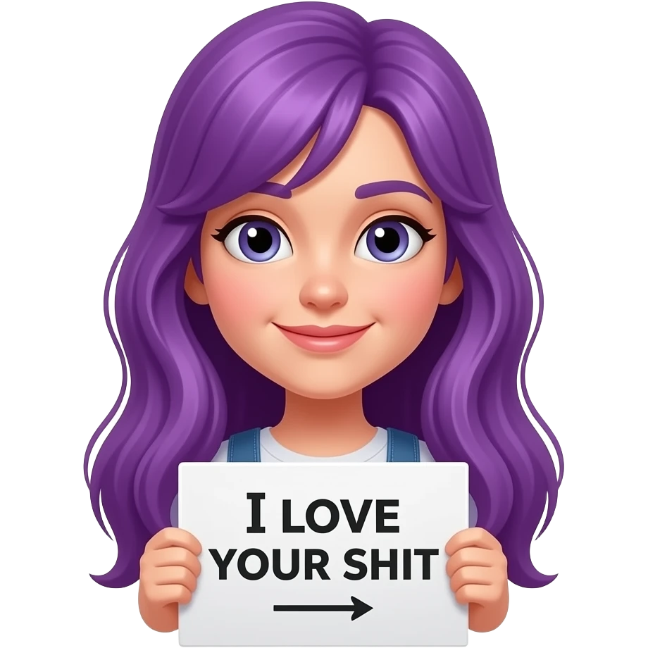 girl with long purple hair holding a I LOVE YOUR SHIT sign emoji