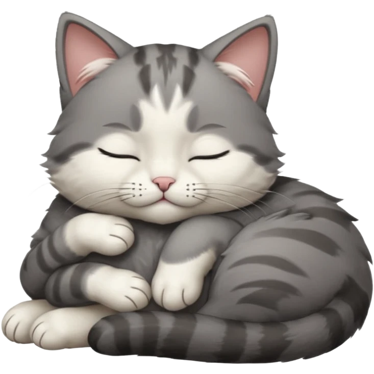 dark grey and white small cat with closed eyes, leaning his head on his paw while leaning on his elbow lying down emoji