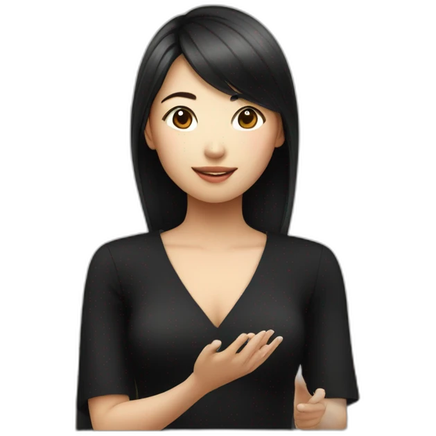 Asian girl in black dress talking to Siri emoji
