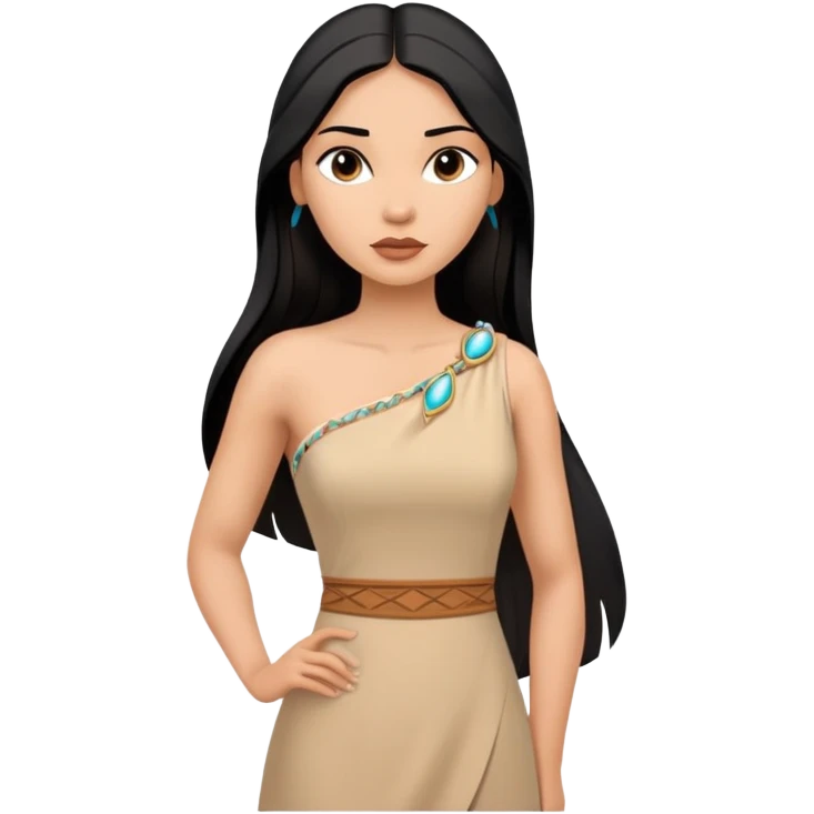 Pocahontas from hips up, tan dress with one shoulder, long black hair, minimal style but clearly recognizable emoji