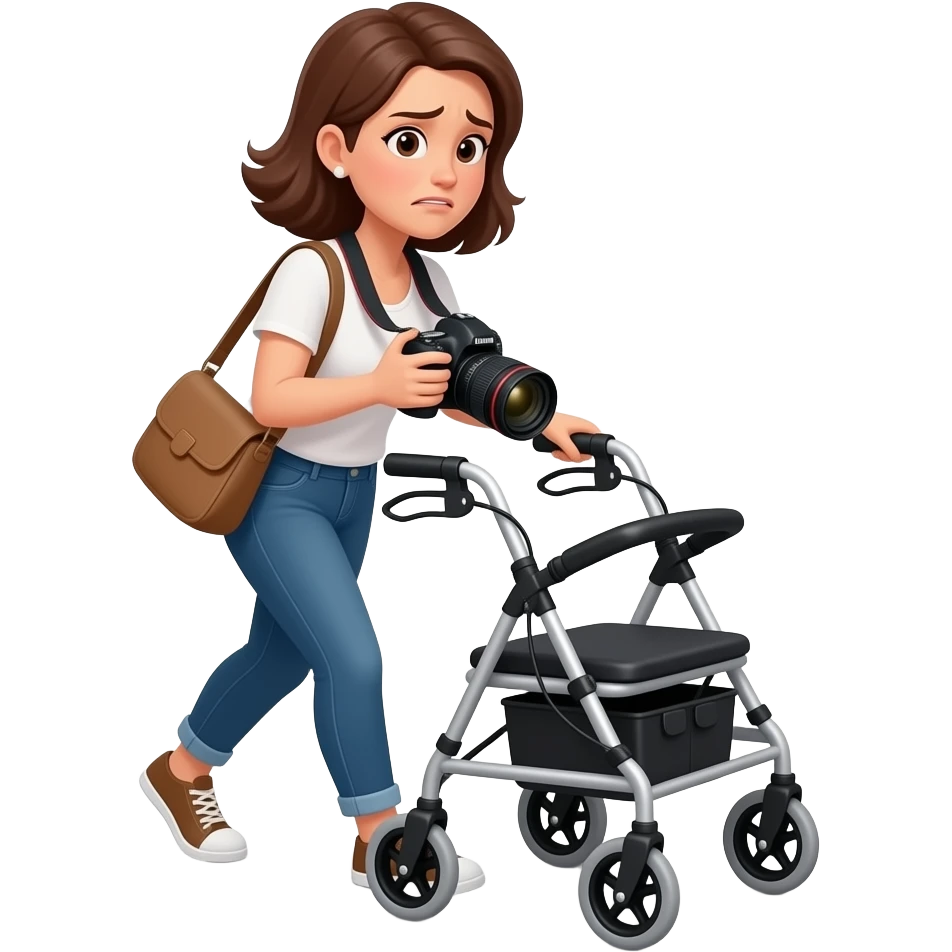 vrouw met fotocamera achter outdoor rollator lopen, rollator is te suffig emoji