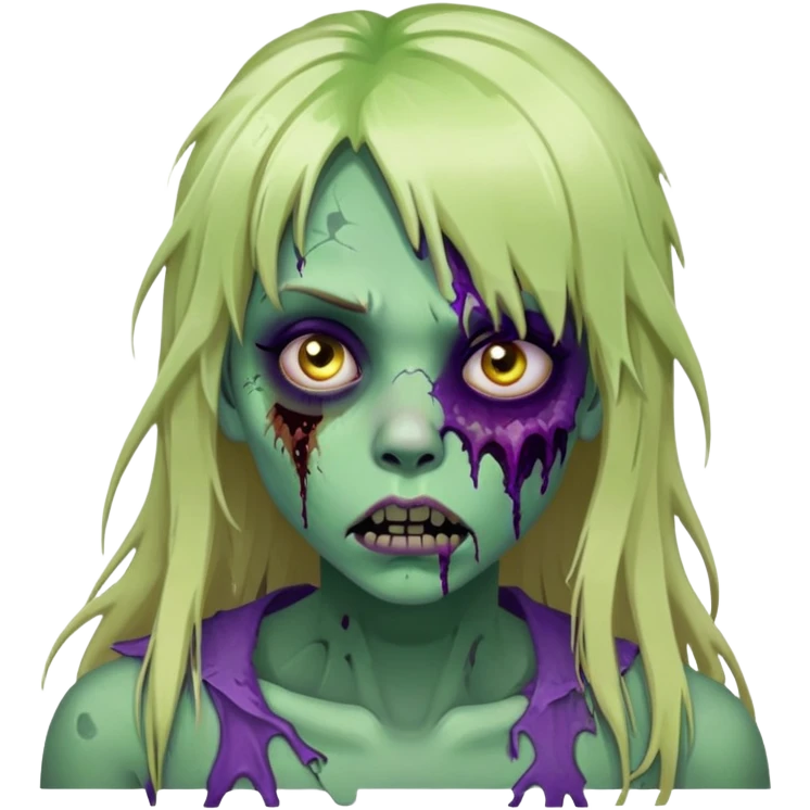 undead zombie girl with rotting green skin, purple bruises, messy long blonde hair with bangs, cracked lips emoji