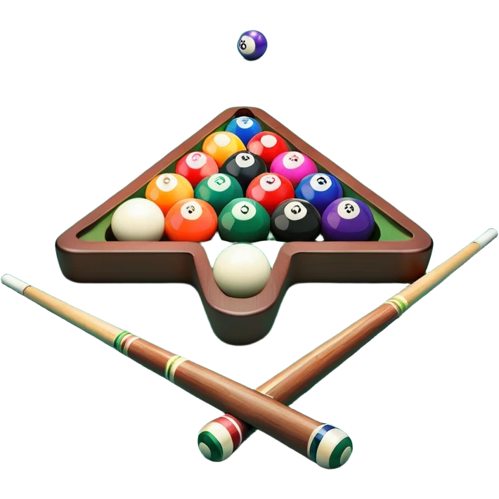 Two crossed pool cues resting on a billiard table, with colorful billiard balls scattered across the surface. The background features the felt of the table, creating an inviting atmosphere for a game of precision and strategy emoji