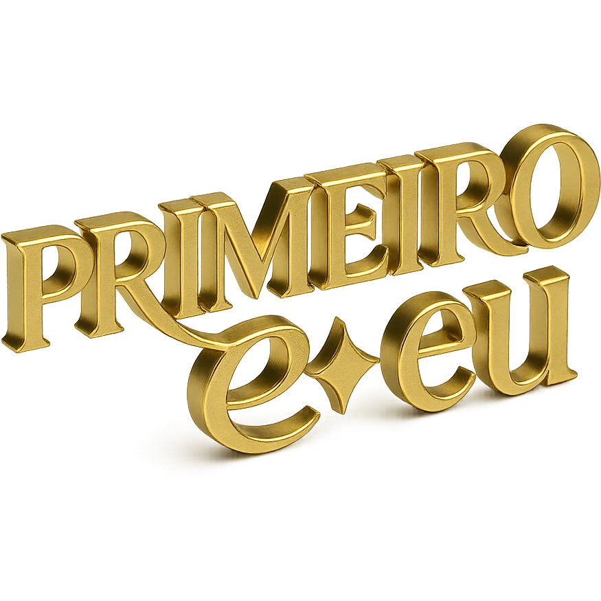 Golden metallic text that reads 'PRIMEIRO ✦ eu' in a serif font, with the words 'PRIMEIRO' and 'eu' separated by a diamond-shaped sparkle or glowing star symbol. The 'R' in 'PRIMEIRO' should have a long elegant tail that curves underneath the 'O'. d. Keep the font and layout exactly as shown in the original reference. emoji