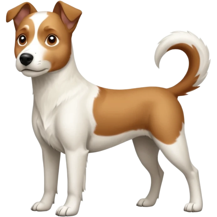 a full body large white parson russell looking dog the size of a kelpie with light brown flapped down ears and a light brown patch on one eye and a large snout emoji