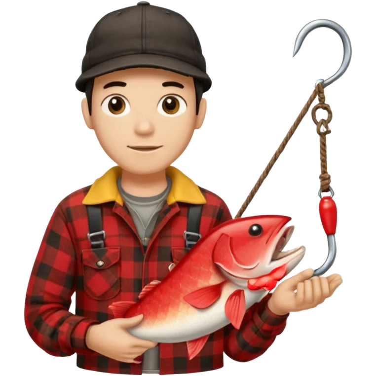 vit Ung man med svart keps röd gul rutig flanellskjorta hållandes en brun båtshake med hängande jättestor torsk emoji