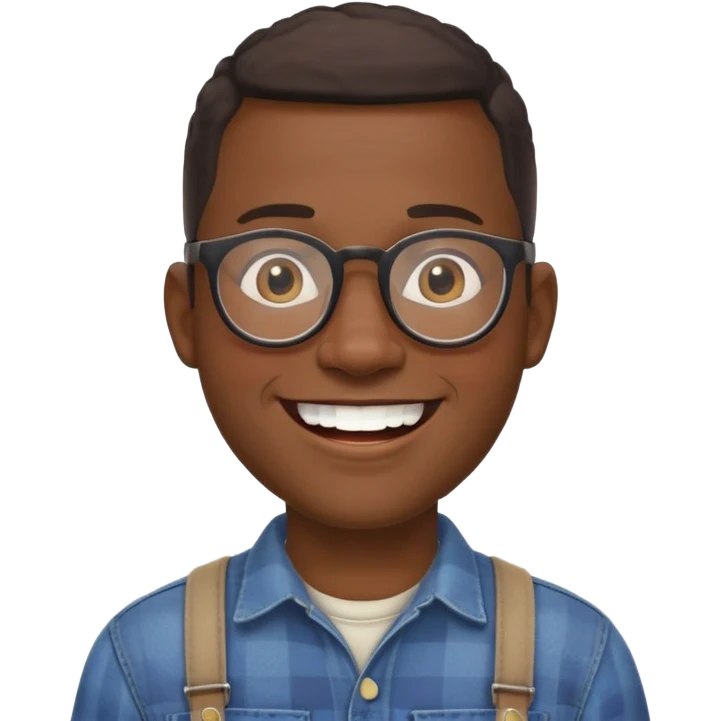 smiling black man with glasses, big teeth, standard male haircut, rural farmer, oval face emoji