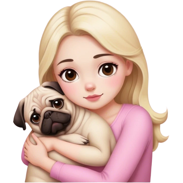 Blonde girl with brown eyes, white skin, pink blush, hugging a pug emoji