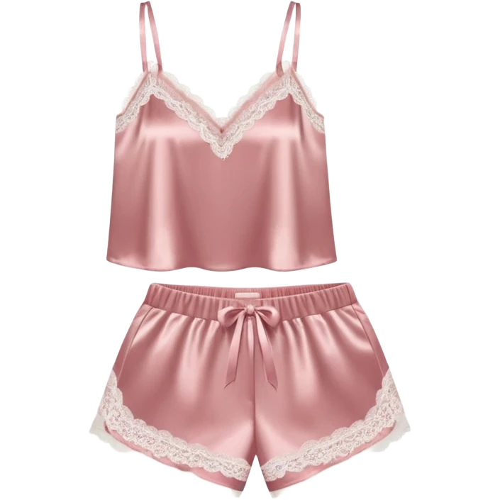 Dusty pink satin pajama shorts and camisole set with lace trim  emoji