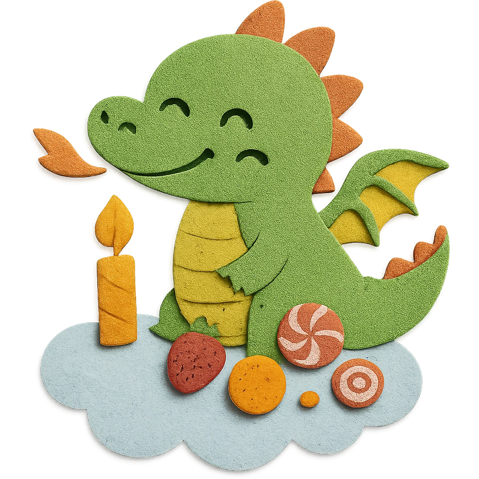 Make the dragon's eyes have a 1-line smile appearance, and add some candy and fruits on the cloud. All other design elements remain unchanged emoji